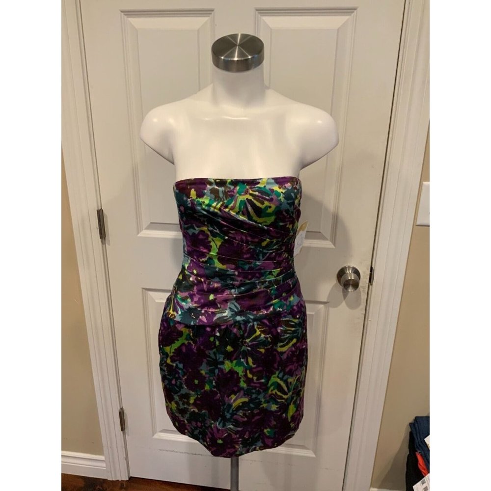 BCBGMaxAzria Strapless Floral Print Dress in Purple, Green, Blue